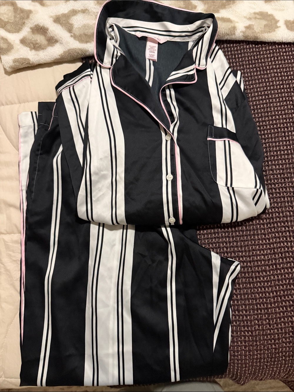 Victoria’s Secret Long Satin Black & White Striped Pajama Set with Pink Trim